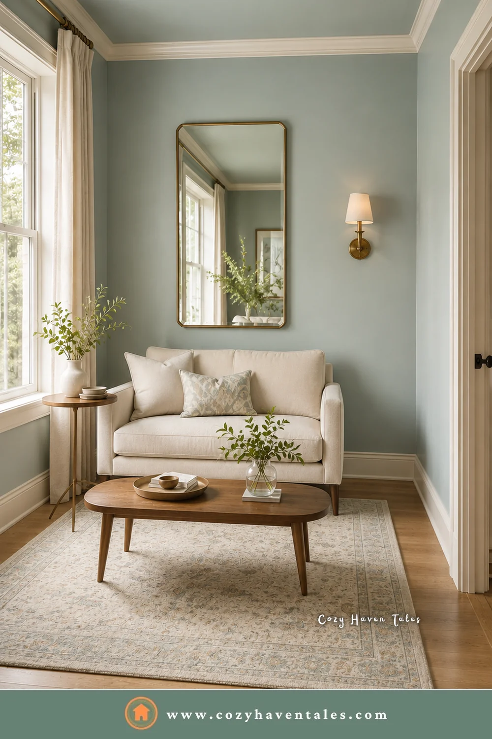 A tall brass mirror beside the window helps make a small living room look bigger, with pale blue walls and a cream loveseat