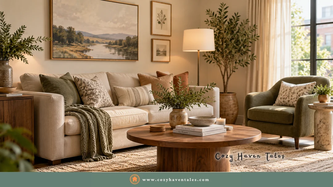 One large jute rug under the sofa, armchair, and coffee table pulls the seating area together
