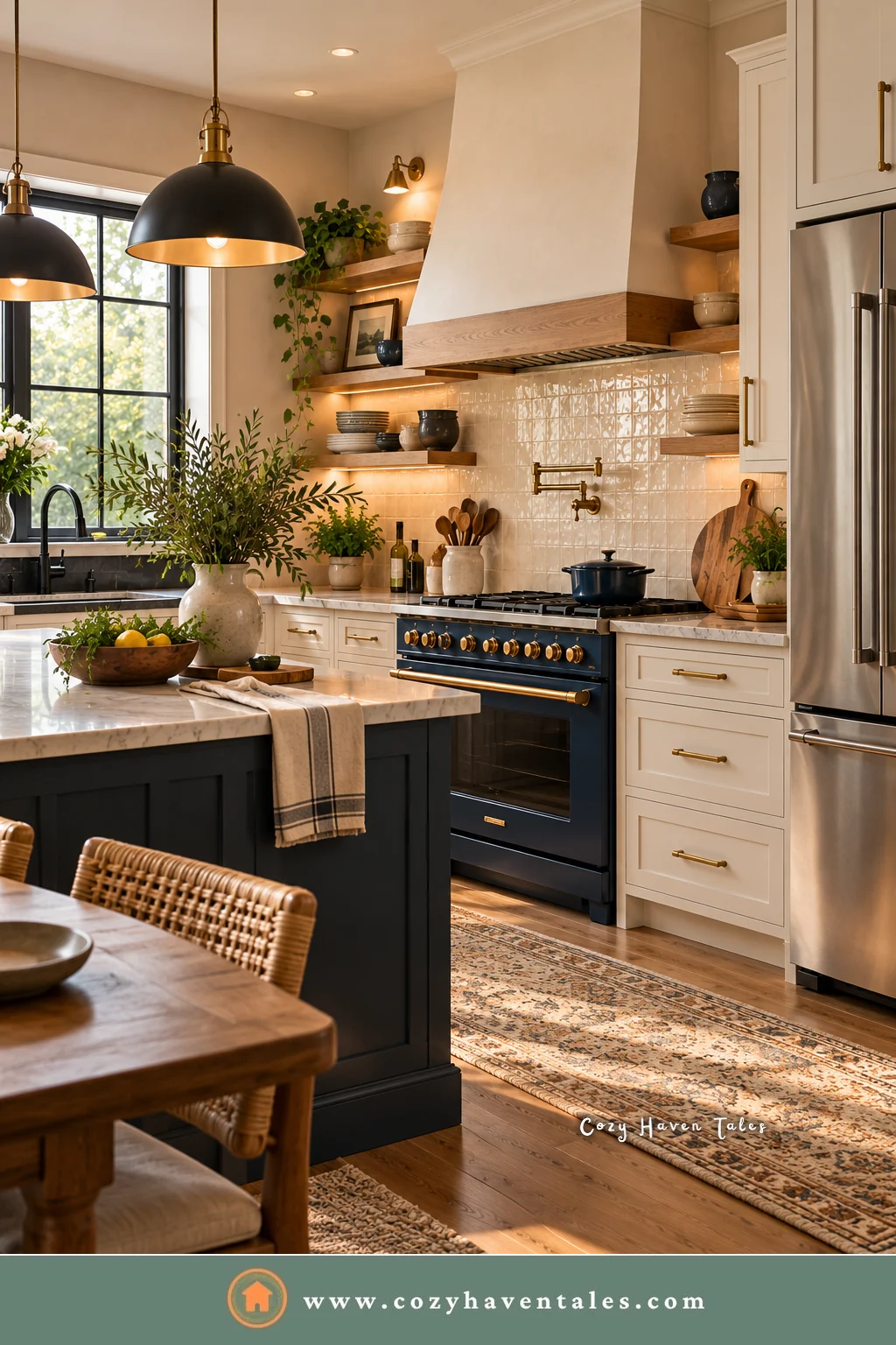 Navy range with brass knobs and a matching navy island, a statement choice as stainless steel appliances are going out of style