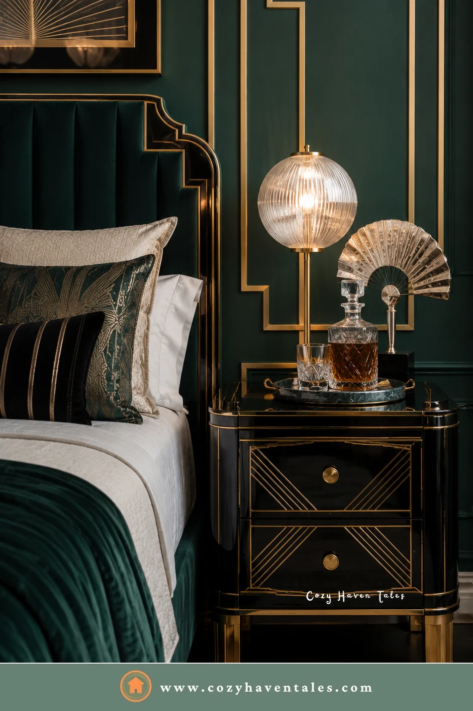Black lacquer Art Deco bedside nightstand with gold lines, a crystal decanter, and a globe lamp