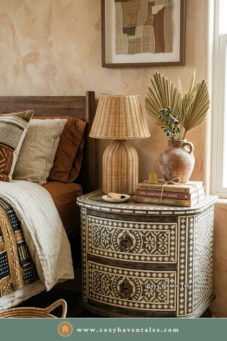 Bone inlay nightstand with a rounded front, a rattan lamp, and dried palms