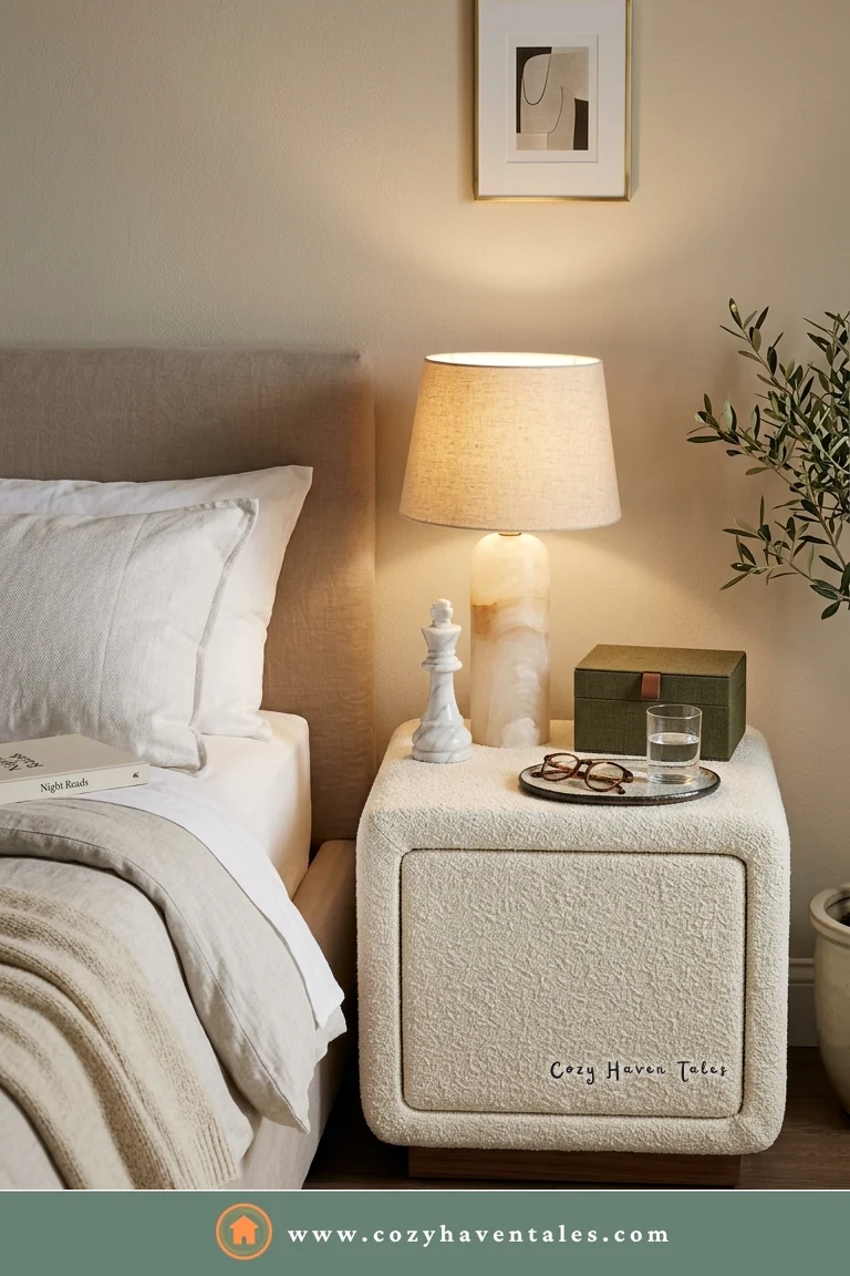 Cream boucle upholstered nightstand with a lamp, a chess piece, and a small green box