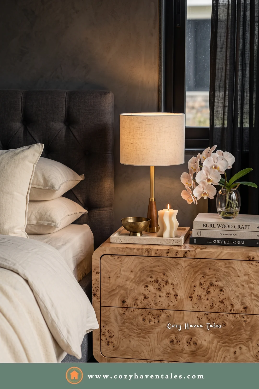 Burl wood nightstand with swirling grain, a brass lamp, and white orchids
