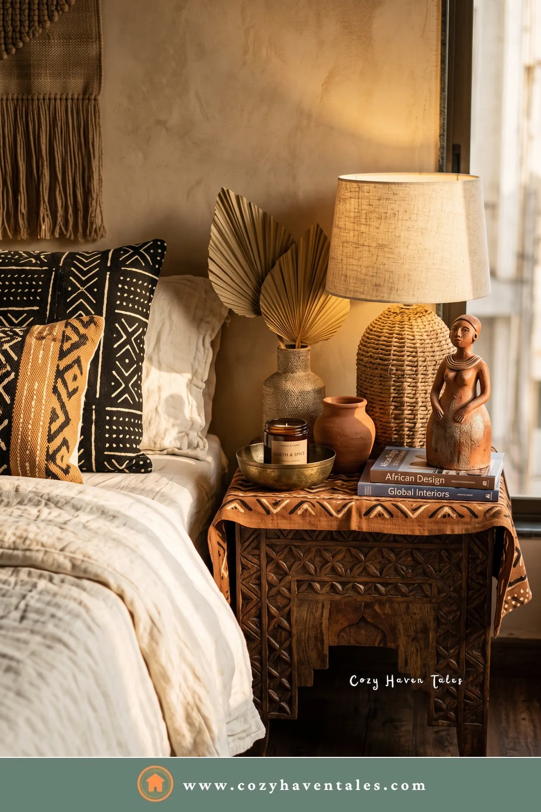 Carved wood bedside nightstand with Moroccan-style detail, a woven lamp, and clay pots