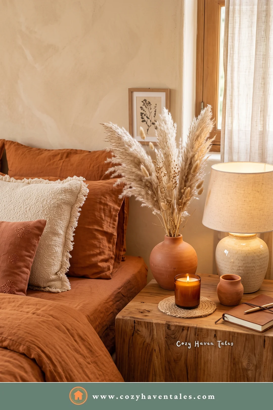 Chunky solid wood block bedside table with a candle, a lamp, and pampas grass beside rust bedding