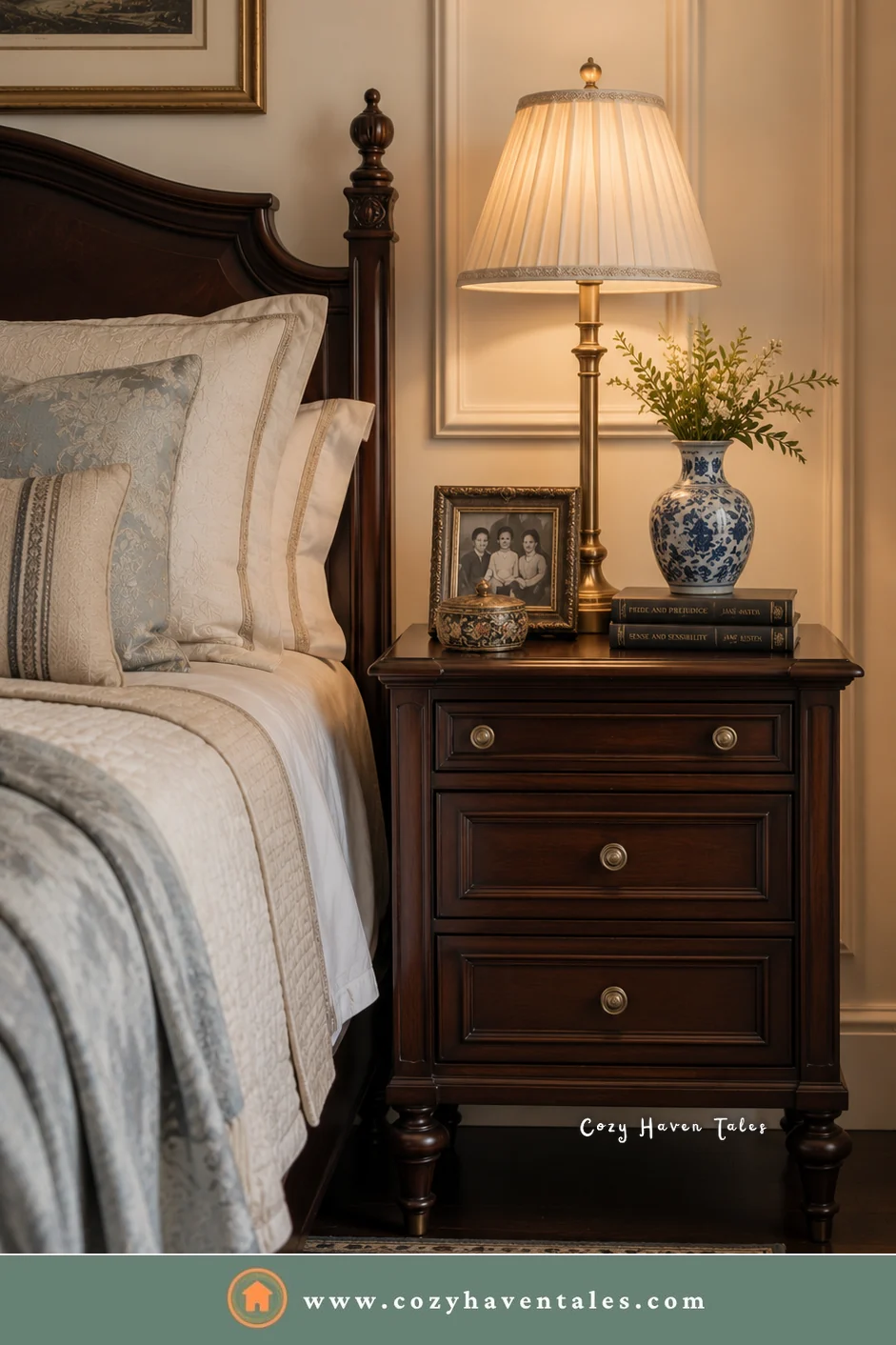 Classic dark wood bedside nightstand with three drawers, a pleated lamp, and a blue-and-white vase