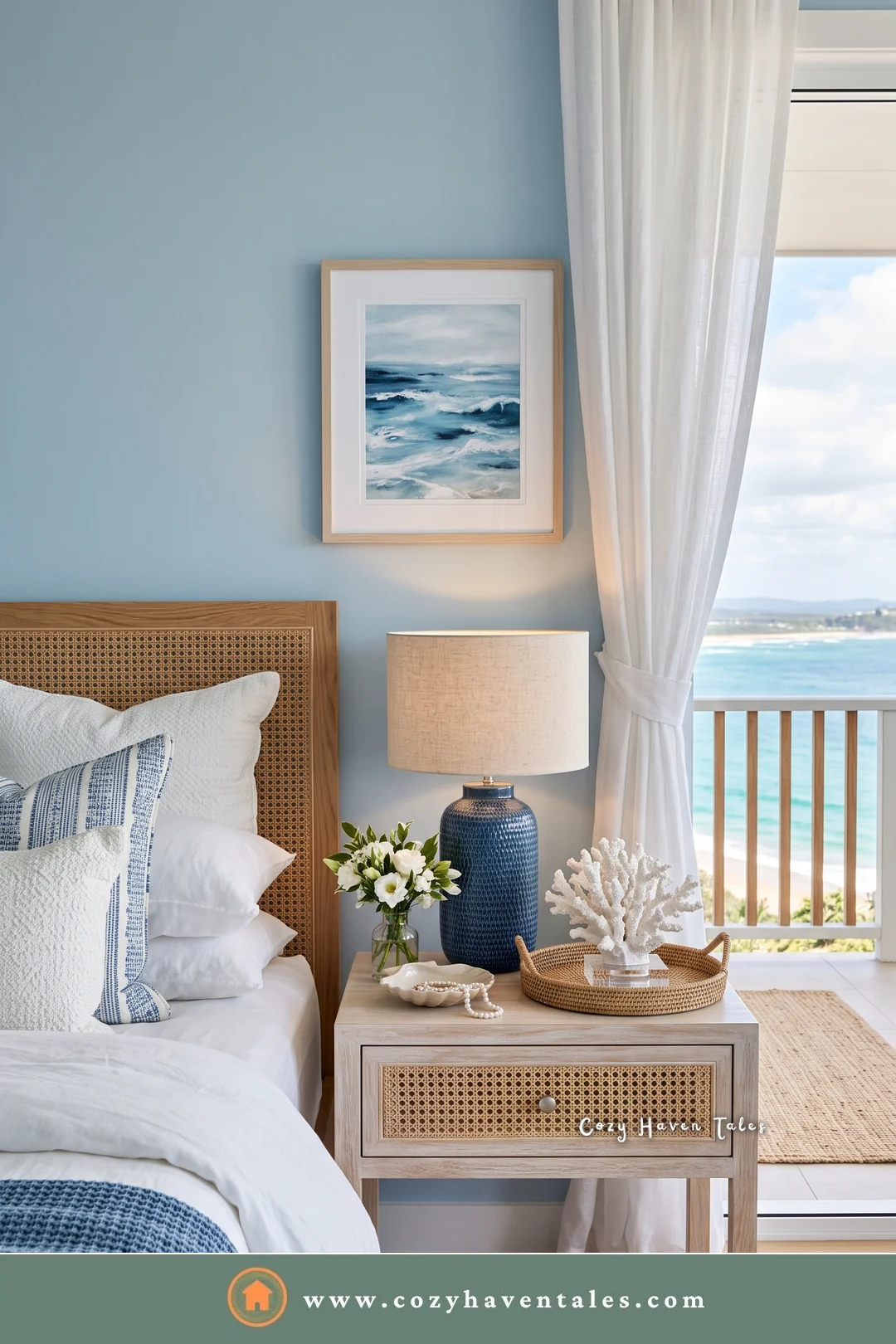 Coastal white bedside nightstand with a cane shelf, a blue lamp, and coral beside an ocean view