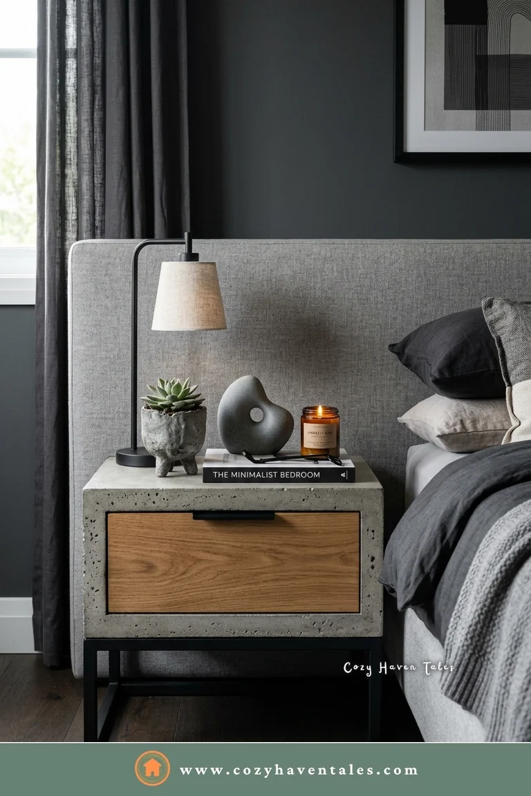 Modern bedside nightstand with a concrete frame and an oak drawer on black metal legs