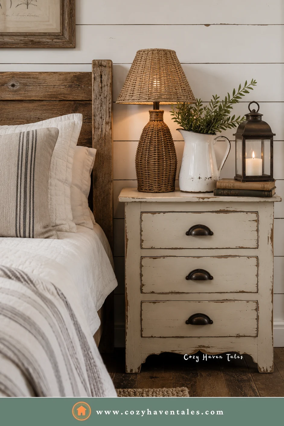 Distressed cream farmhouse bedside nightstand with cup pulls, a rattan lamp, and a lantern