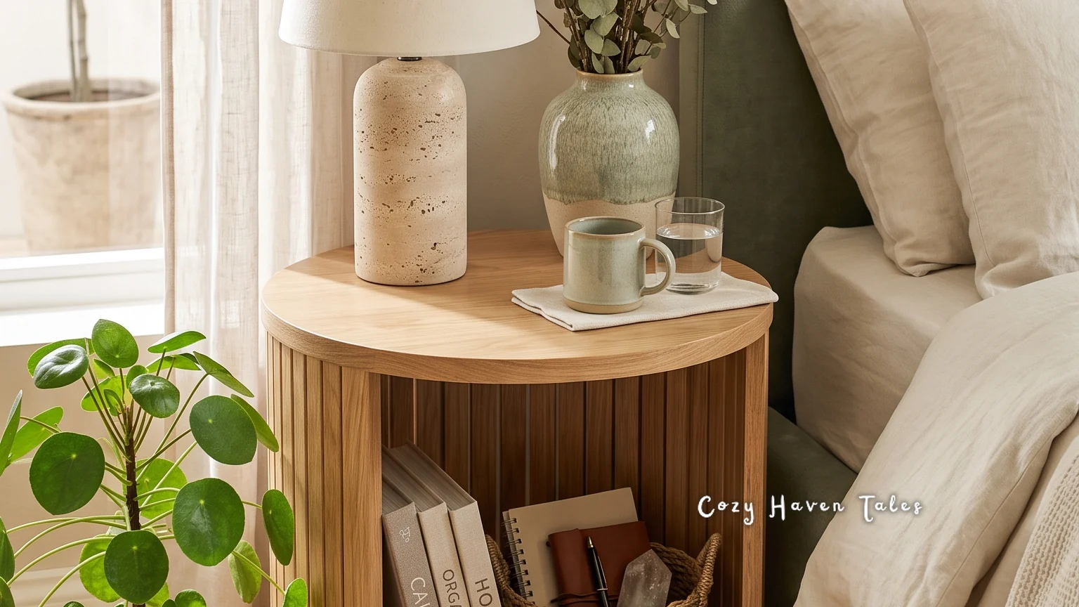 Round wooden bedside nightstand with an open cubby of books, a lamp, and a plant beside a sage upholstered bed