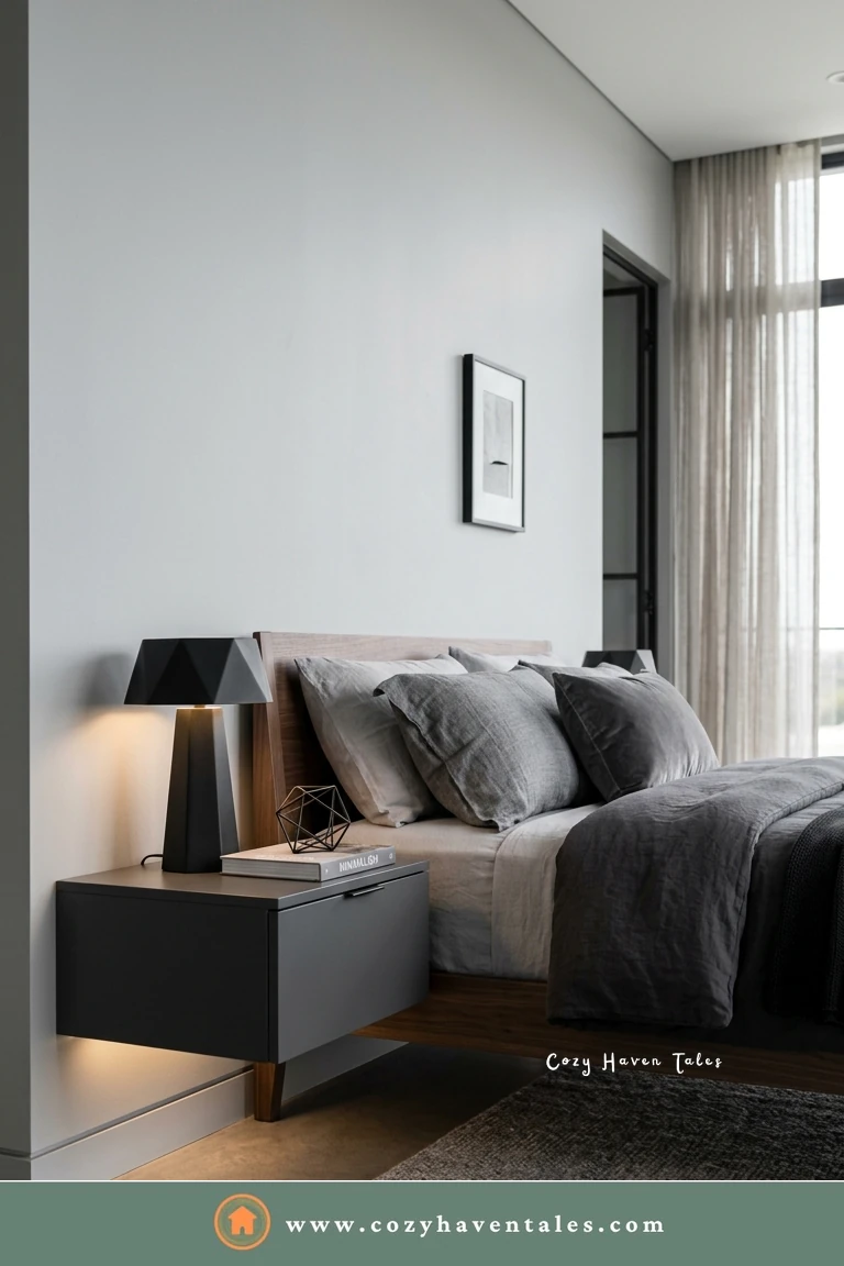 Black floating nightstand with a hidden light underneath in a modern gray bedroom