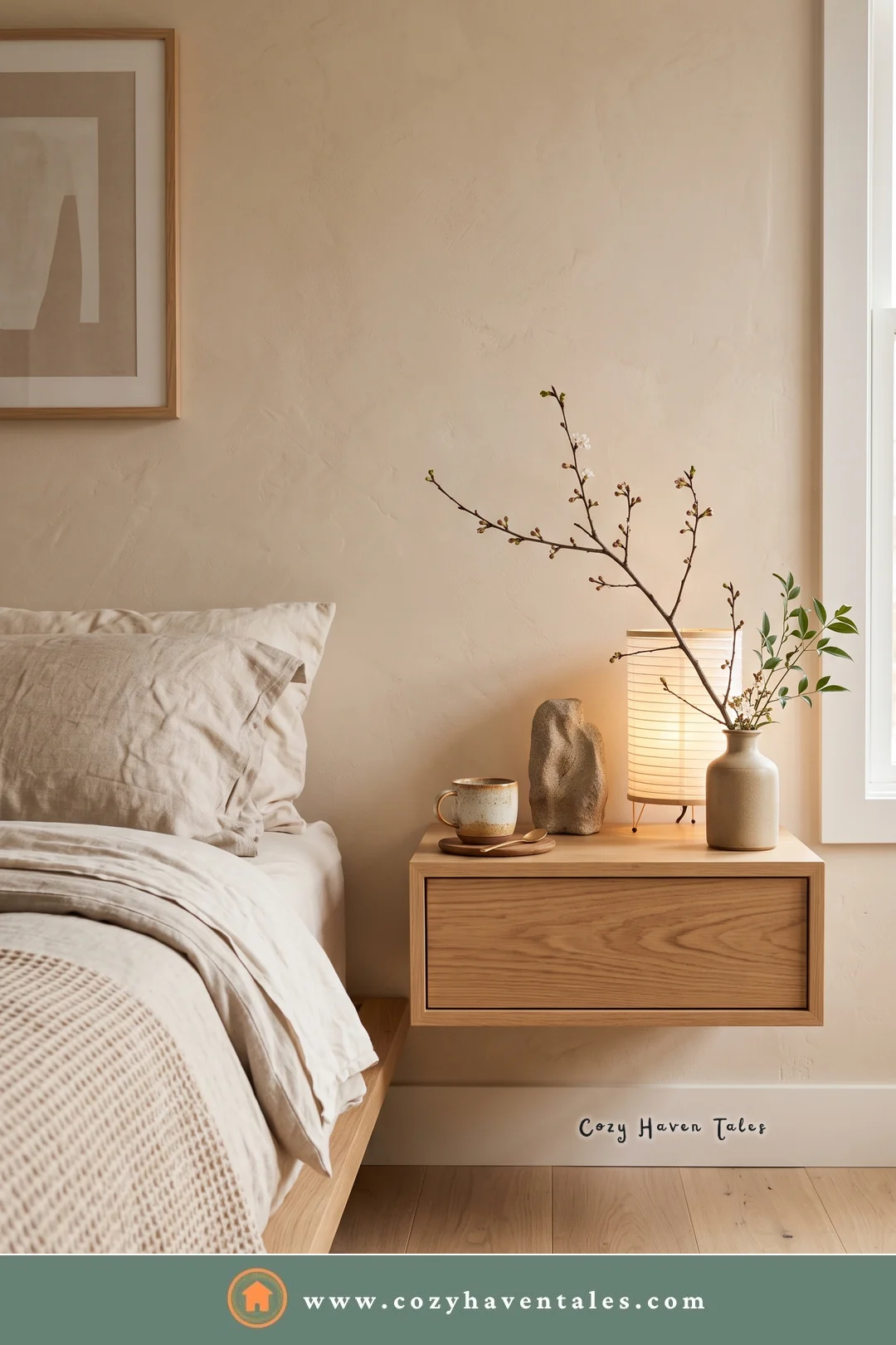 Floating light oak bedside nightstand with one drawer, a small lamp, and a branch in a vase