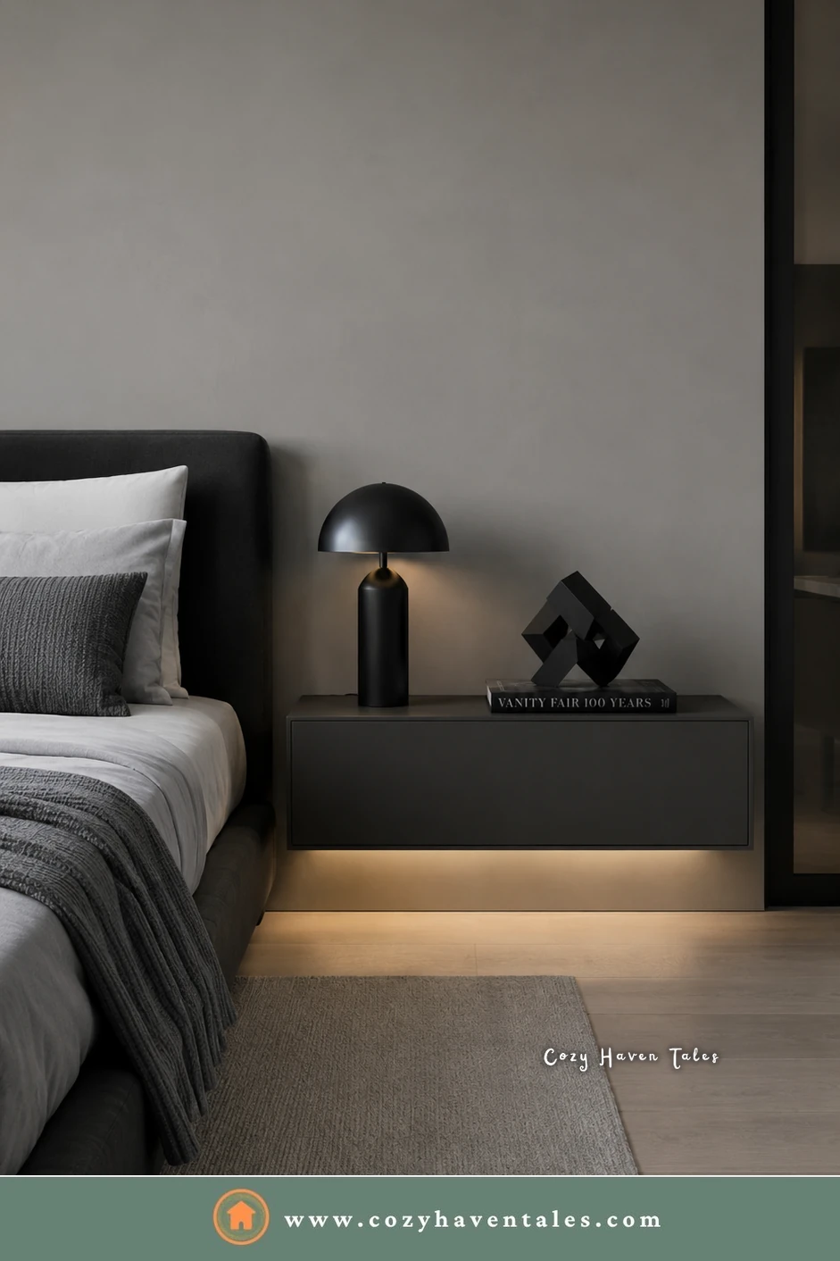 Floating dark nightstand with a warm under-glow beside a charcoal bed