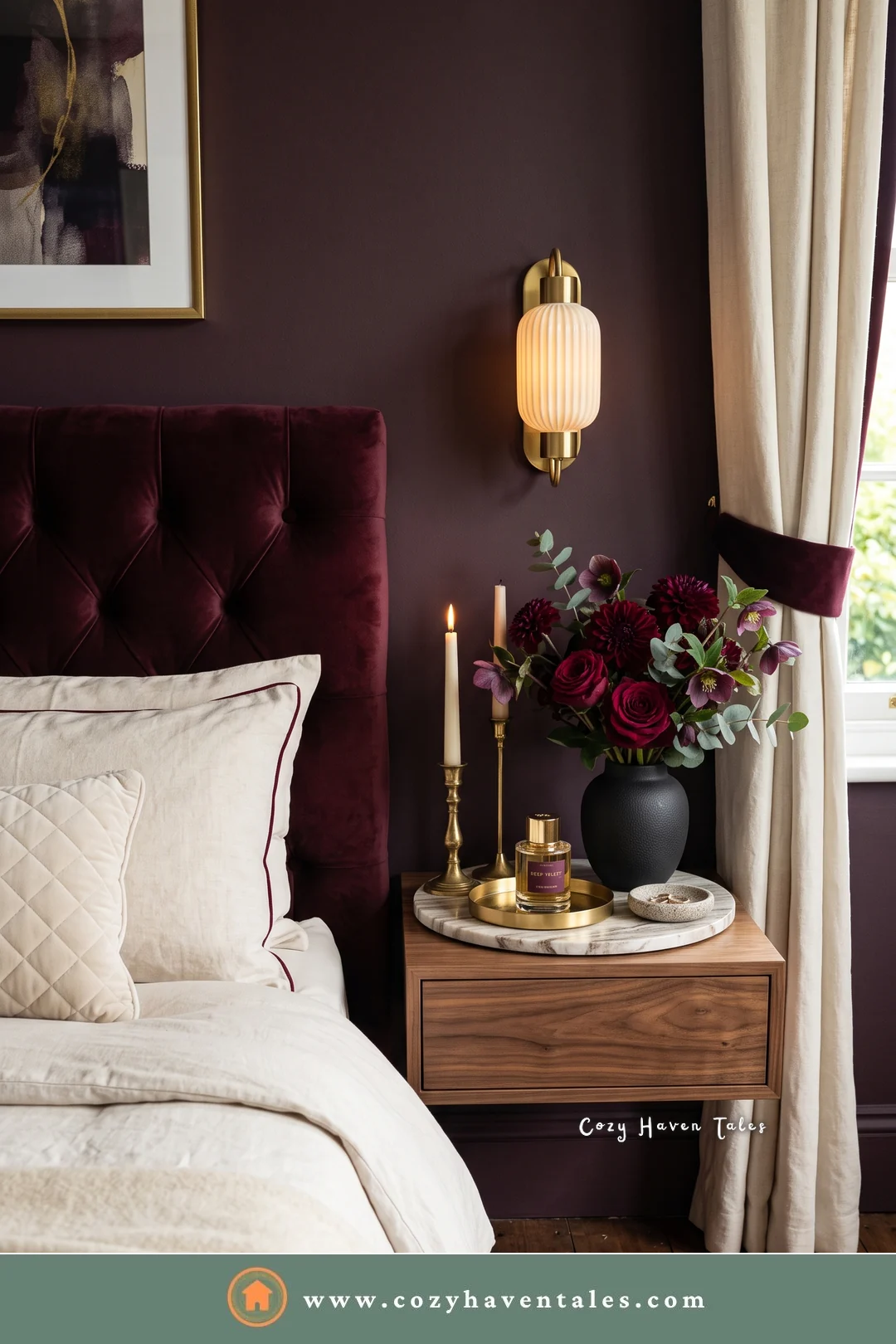 Floating walnut bedside shelf with brass candlesticks and red roses against a burgundy wall
