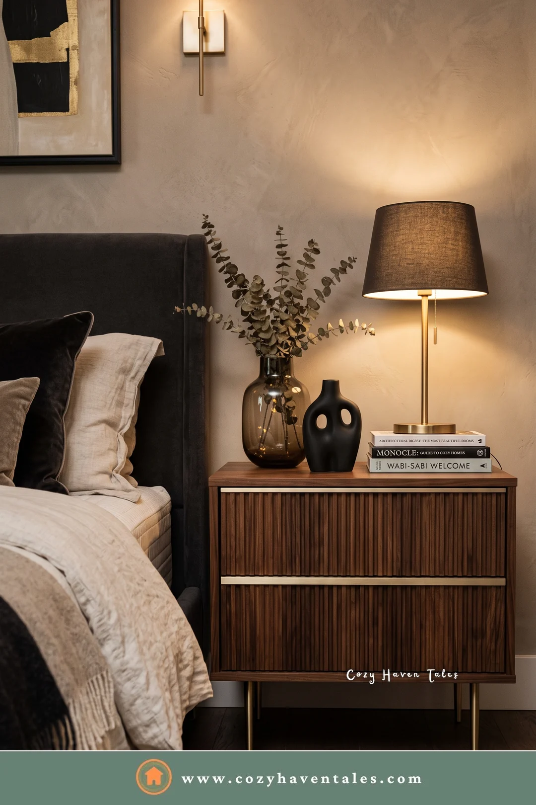 Fluted dark walnut nightstand on slim brass legs with a black lamp and dark vases