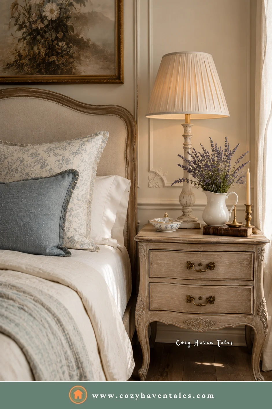 French country bedside nightstand with curved legs, a pleated lamp, and lavender