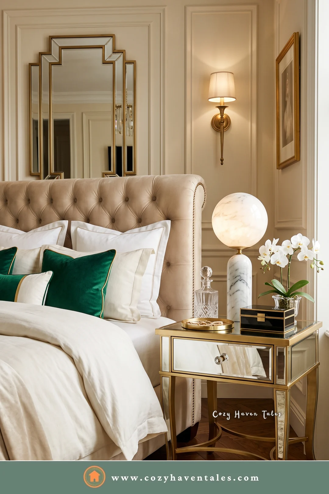 Gold and glass bedside nightstand with mirrored panels, a globe lamp, and orchids