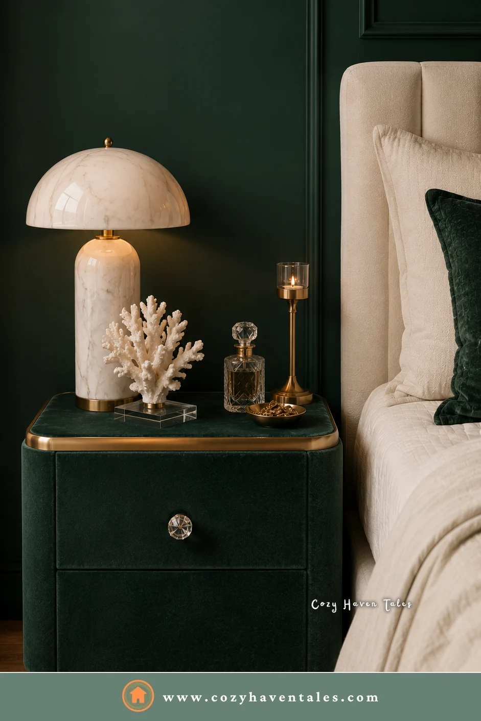 Deep green velvet bedside nightstand with brass trim, a marble lamp, and coral on top