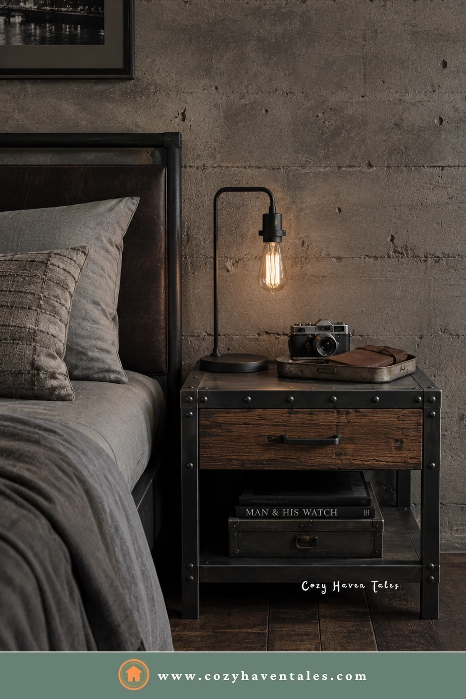 Industrial metal and wood nightstand with a drawer, an Edison bulb lamp, and a camera beside a concrete wall