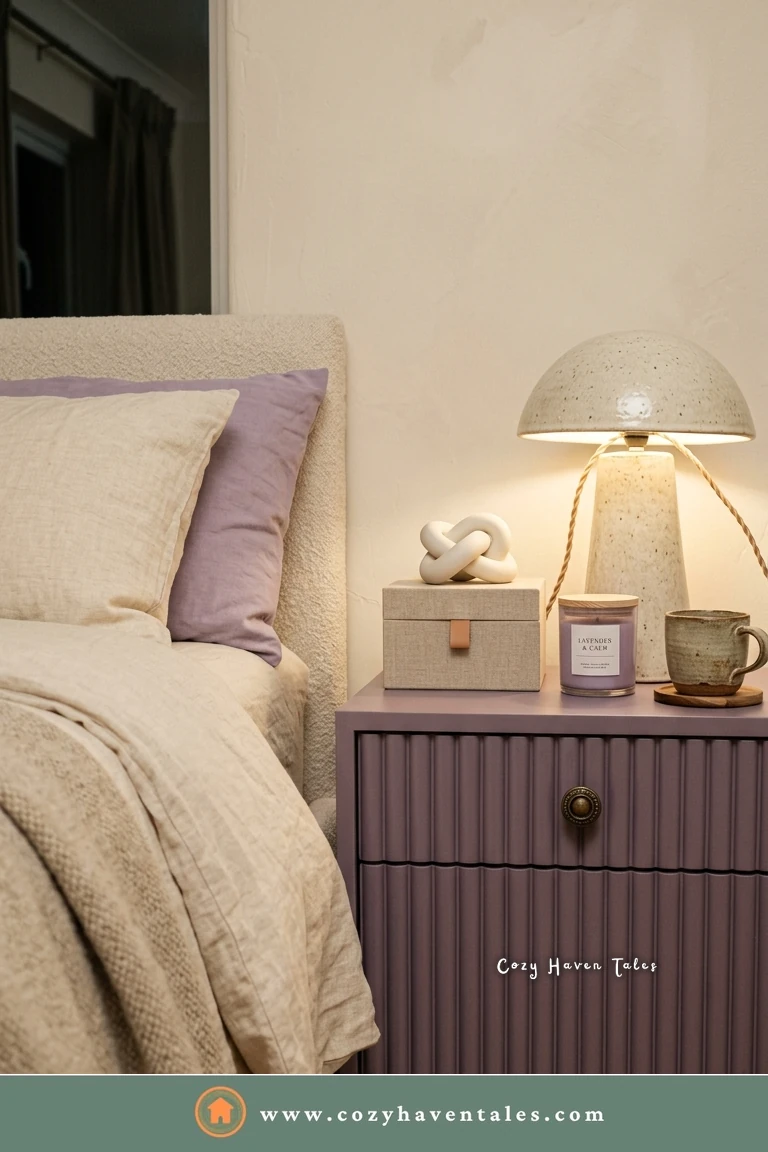 Lilac fluted nightstand with bun feet, a mushroom lamp, and a small box