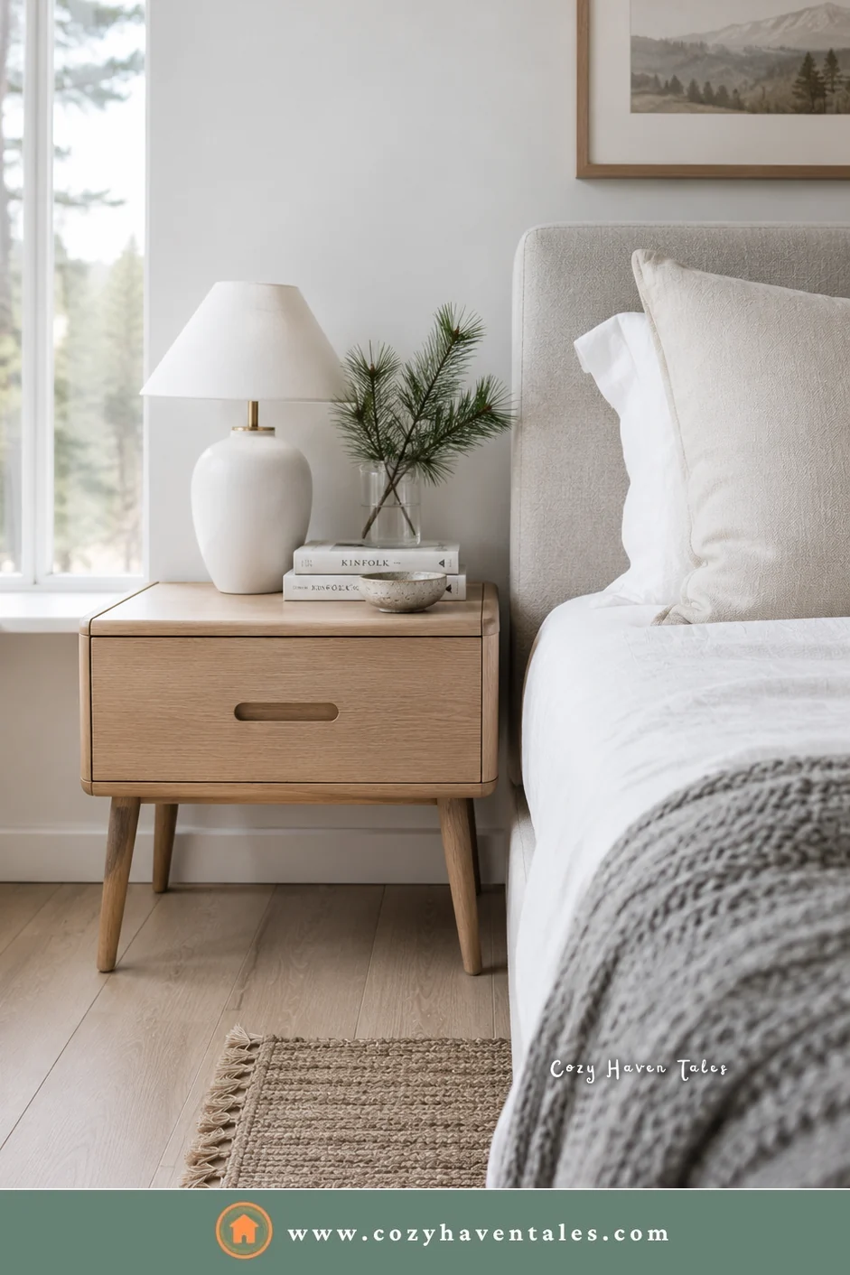 Mid-century oak bedside nightstand with tapered legs, a white lamp, and a pine sprig