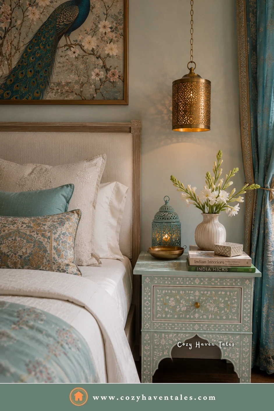 Mint green carved Indian-style bedside nightstand with a brass lantern and a peacock painting above