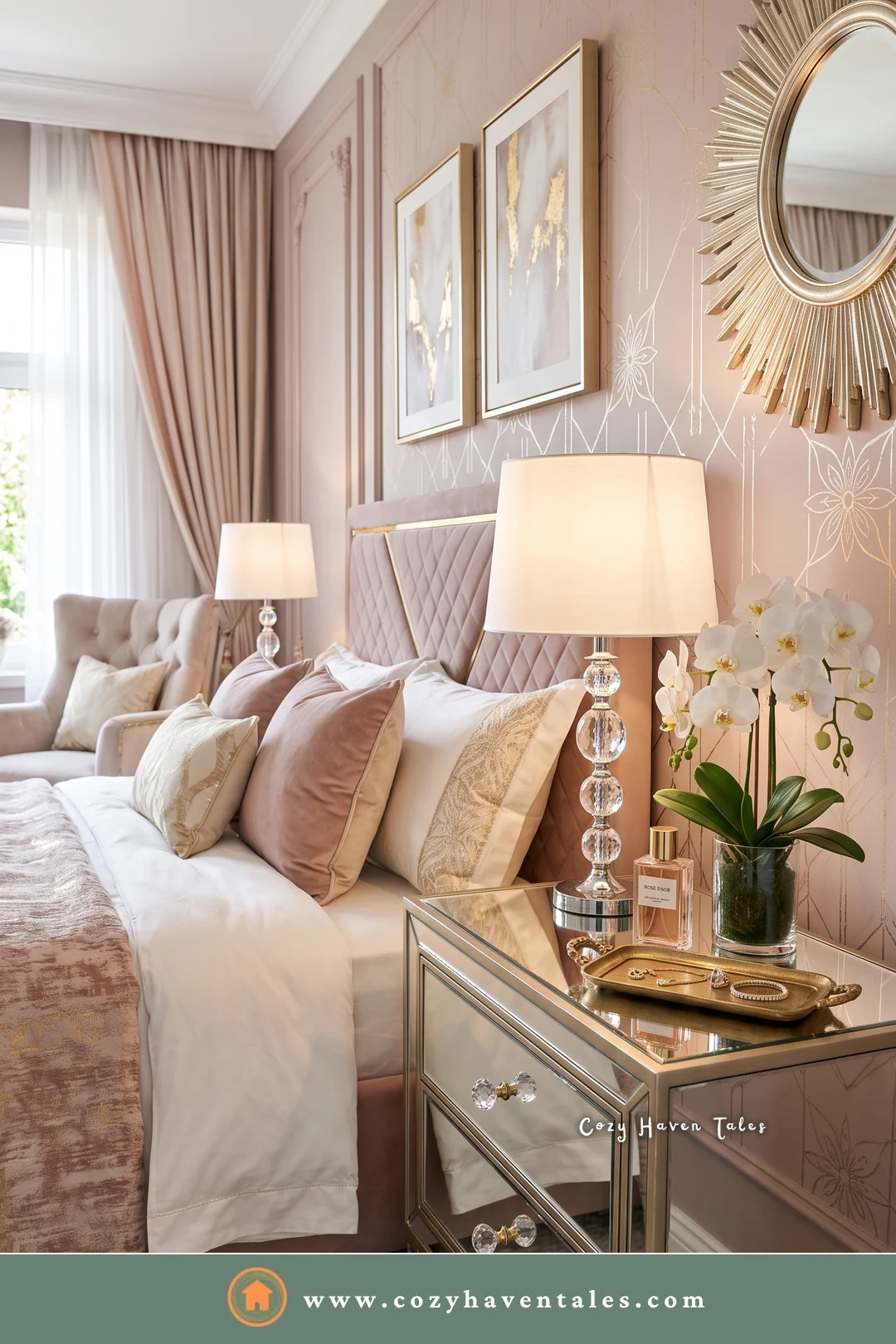 Mirrored bedside nightstand with a crystal lamp and orchids in a blush pink bedroom
