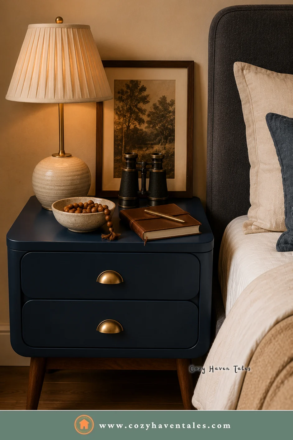 Navy nightstand with brass cup pulls, a pleated lamp, and a bowl of nuts