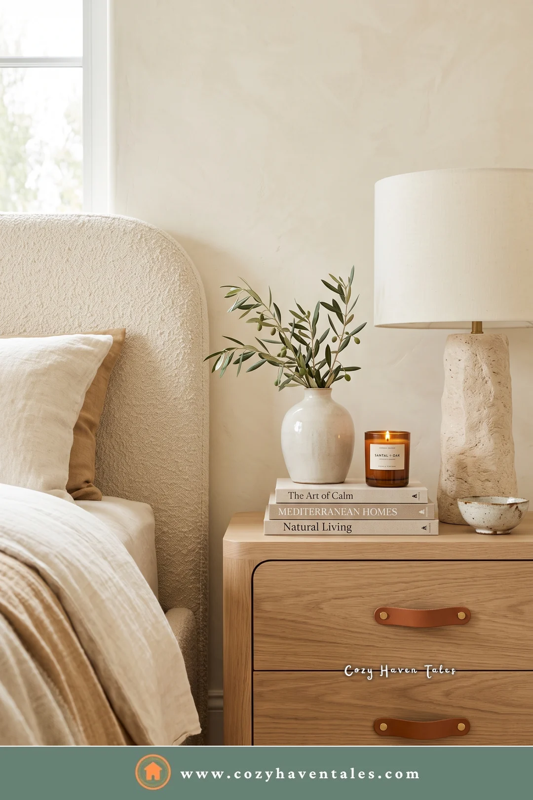 Light oak bedside nightstand with two drawers and leather pulls, a stone lamp, and an olive branch