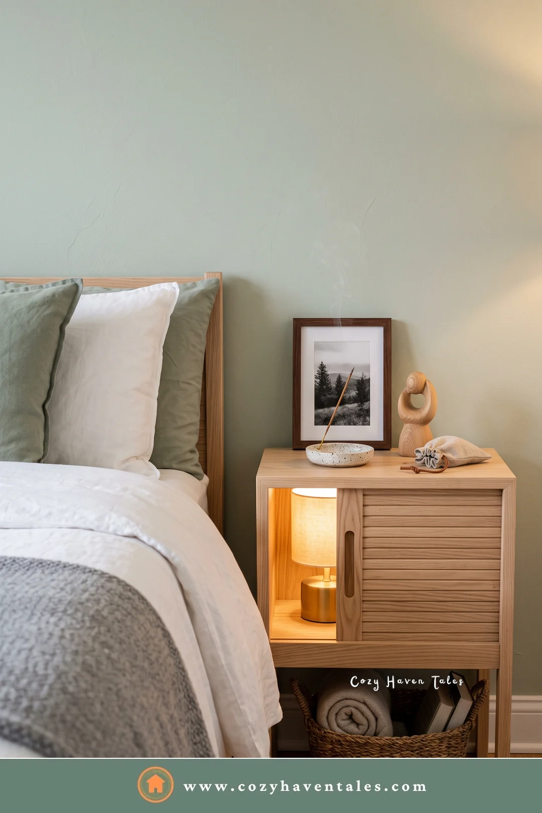 Oak bedside nightstand with a lit open shelf, a woven basket below, and a framed photo