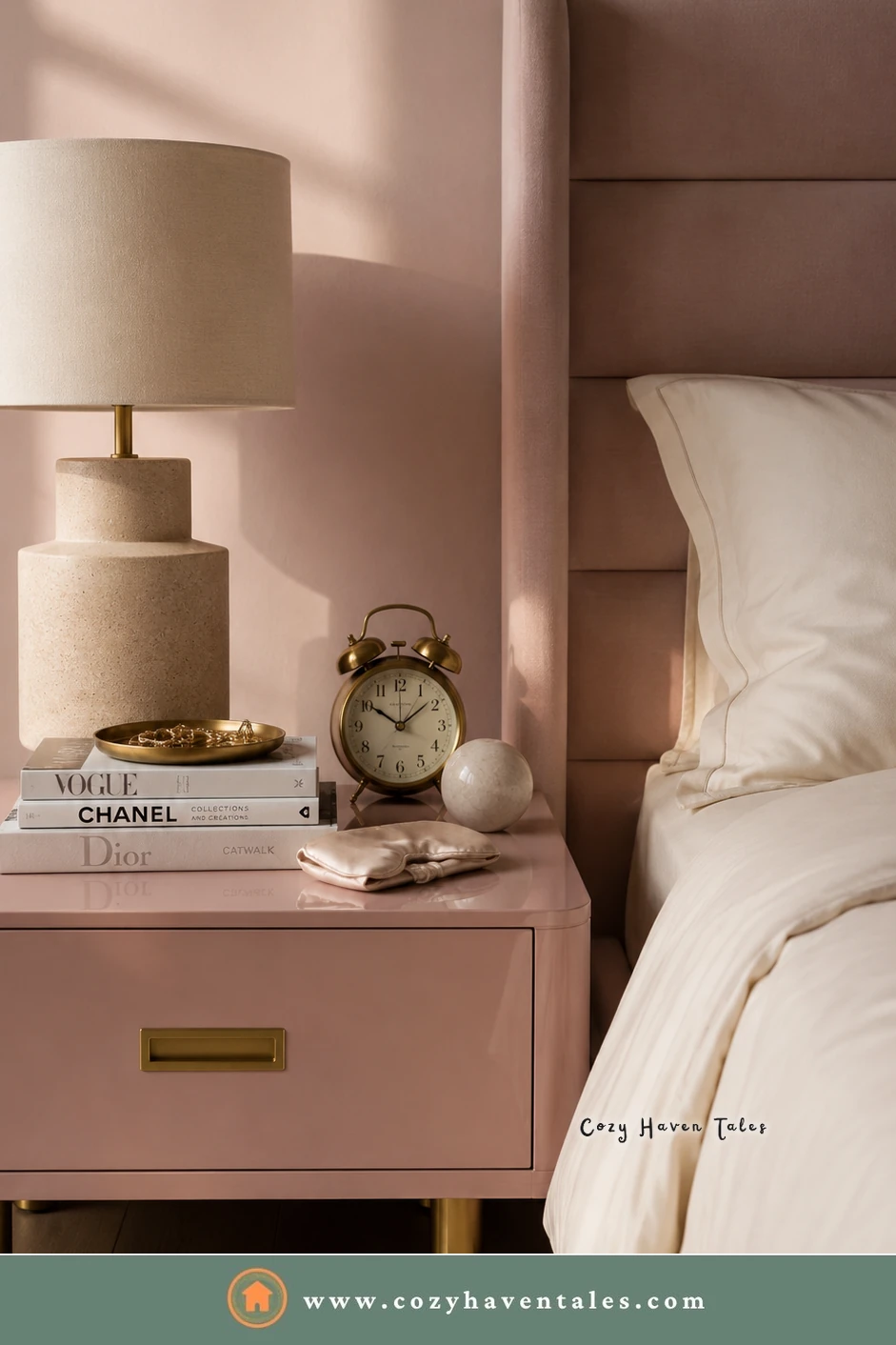 Blush pink nightstand with a brass pull, a stone lamp, books, and an alarm clock