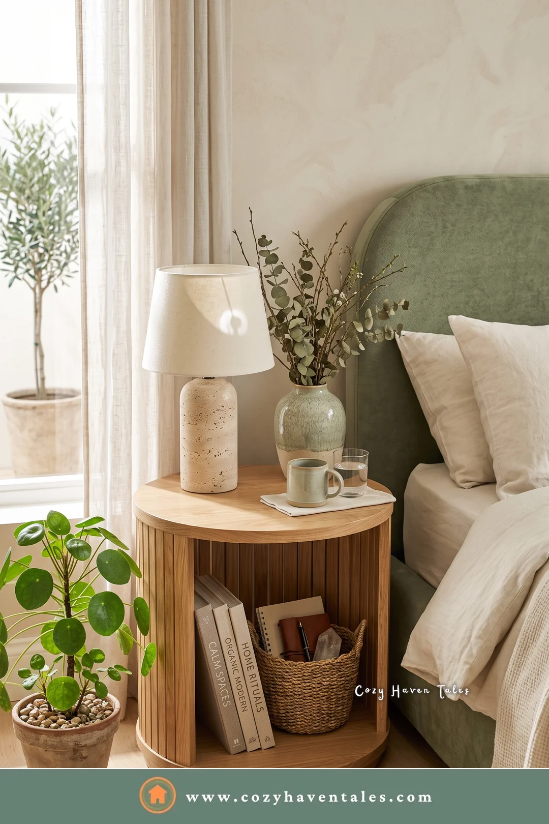 Round wooden nightstand with an open cubby holding books and a basket, beside a sage upholstered bed