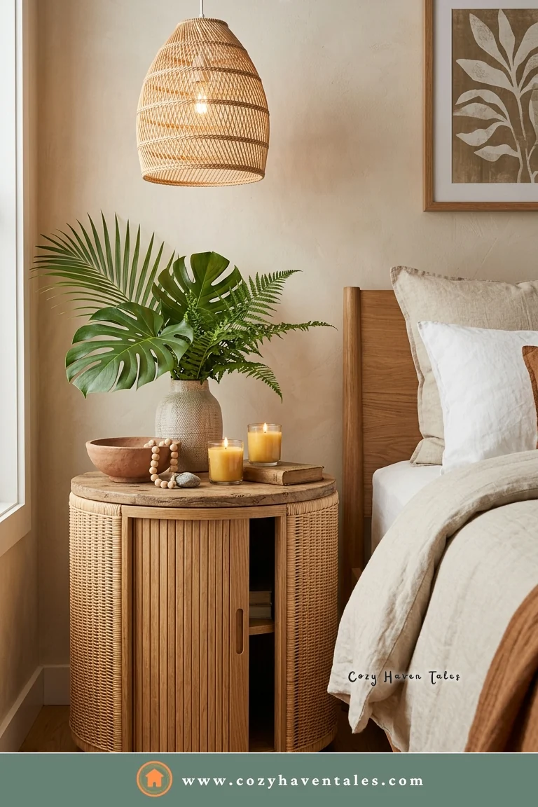 Round rattan drum nightstand with a sliding door, a palm in a vase, and candles beside the bed