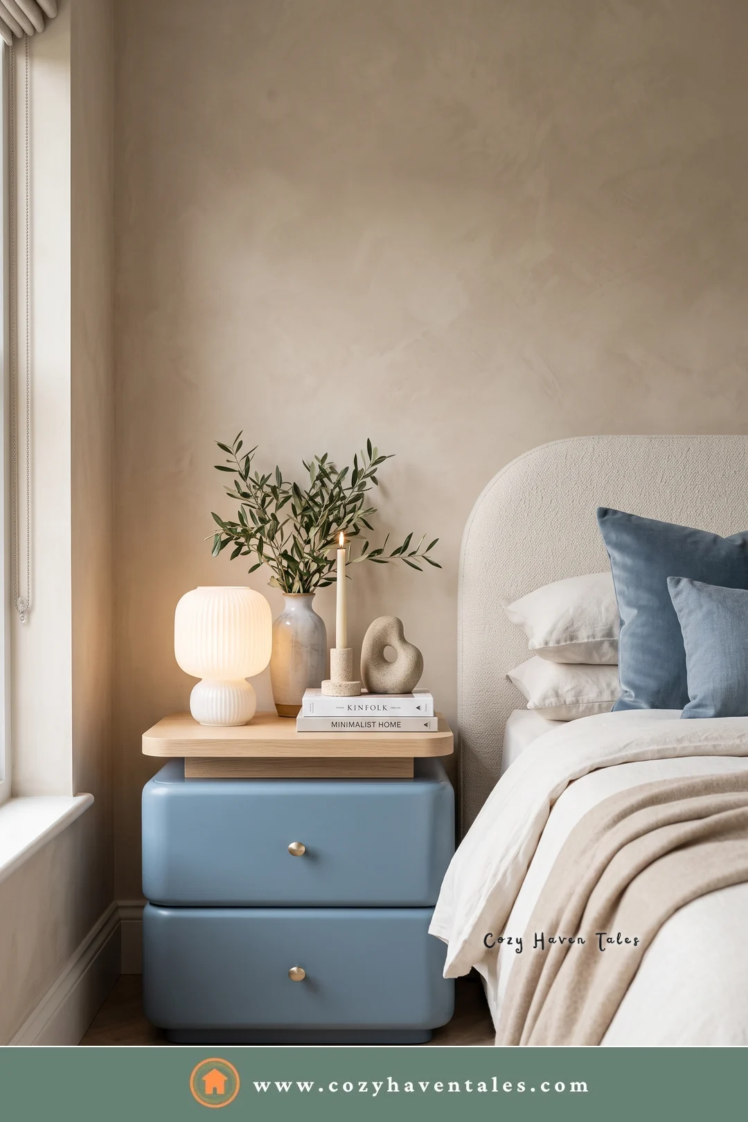 Rounded powder blue bedside nightstand with two drawers and a small glass lamp