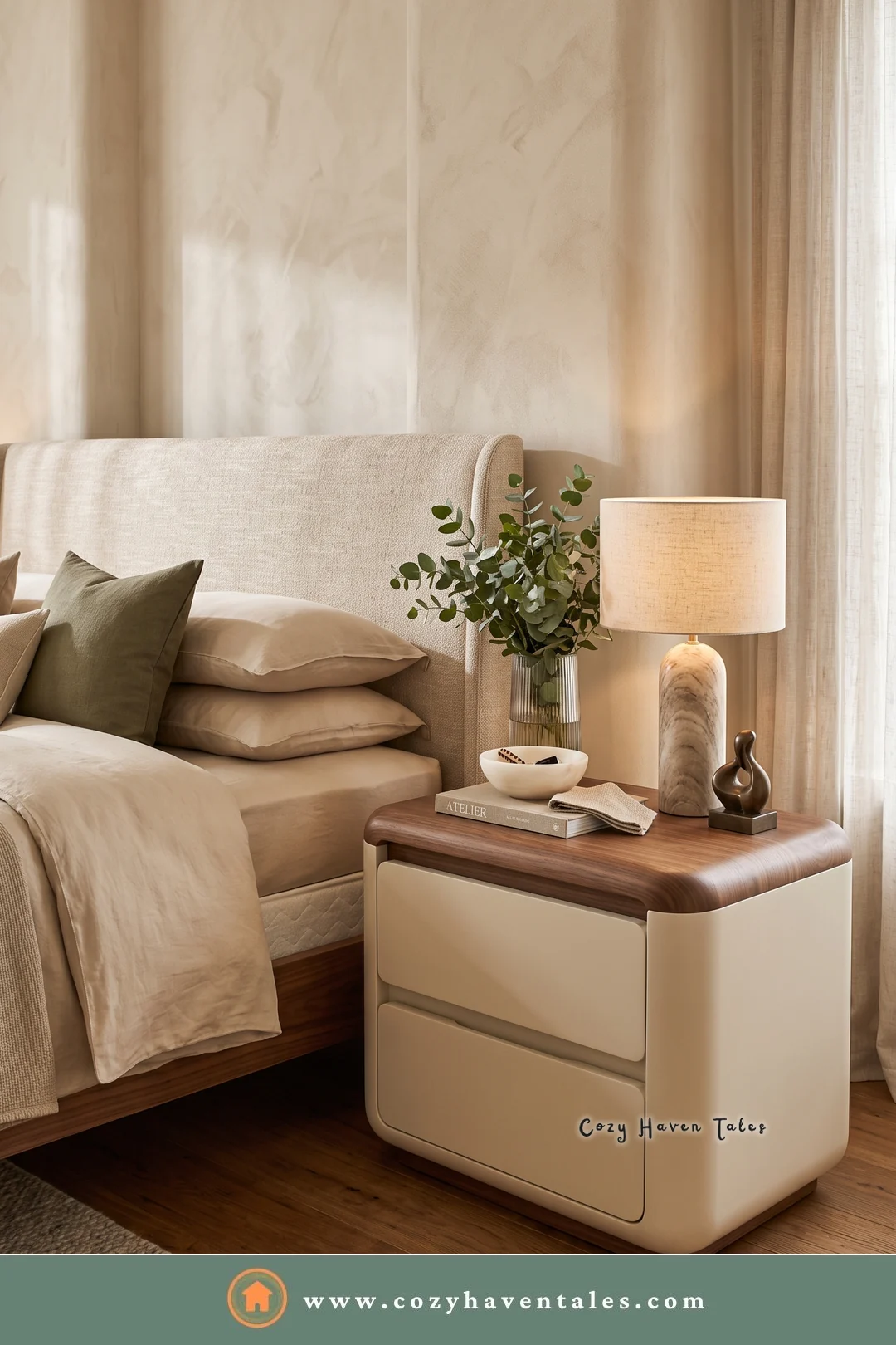 Rounded cream lacquer nightstand with a wood top and a ceramic lamp