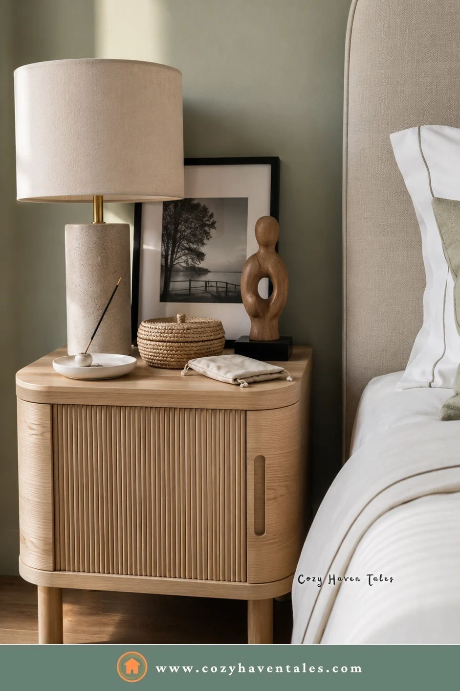 Rounded reeded oak bedside nightstand with a stone lamp and a sculpture beside a cream upholstered bed