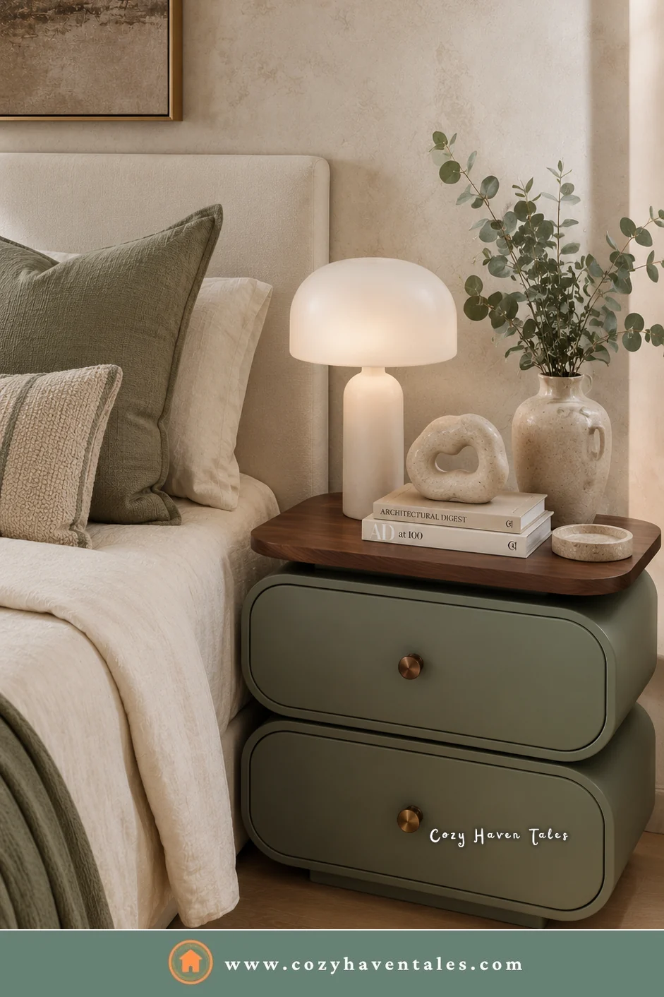 Rounded sage green nightstand with soft-edged drawers and a mushroom lamp