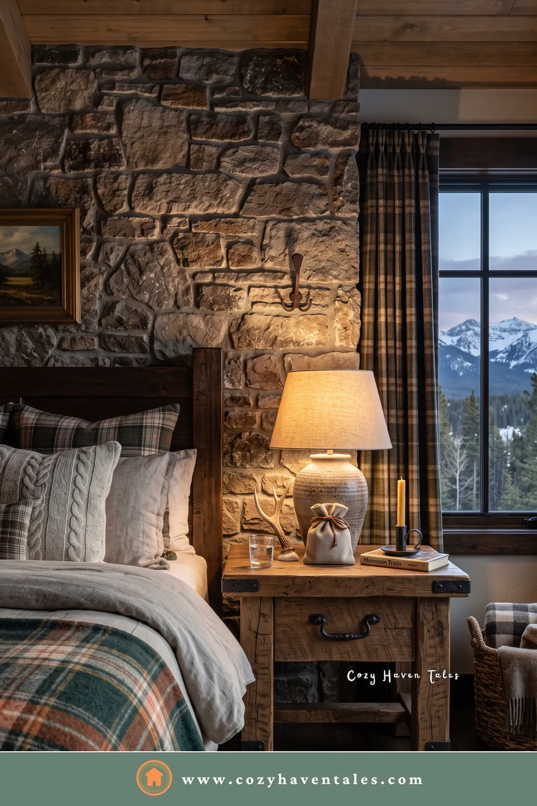 Rustic wood bedside nightstand with a lamp beside a plaid bed and a stone wall in a mountain cabin
