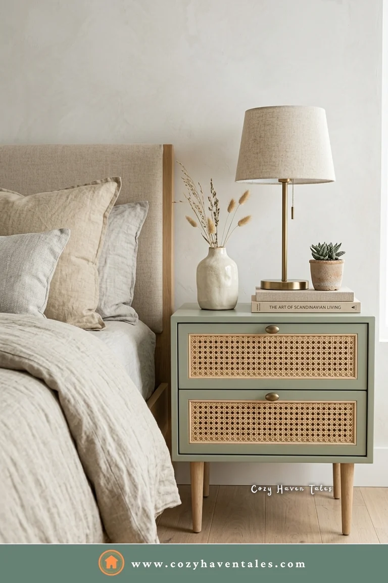 Sage green bedside nightstand with cane drawer fronts, a linen lamp, and dried grasses