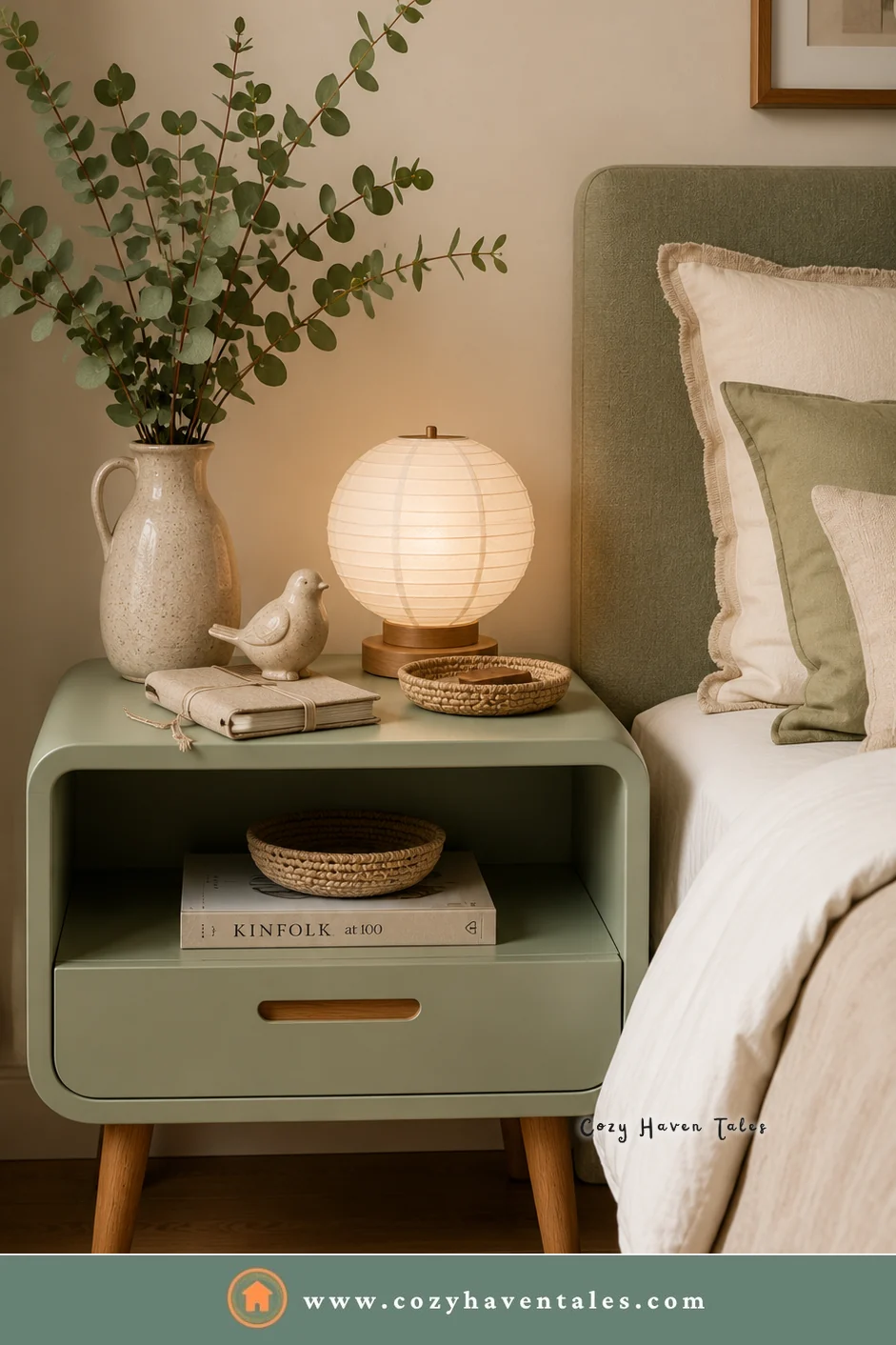Sage green retro bedside nightstand with an open shelf, a paper lantern lamp, and eucalyptus