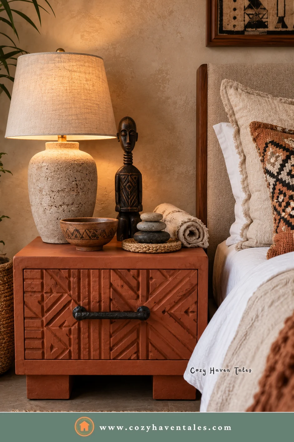 Terracotta carved bedside nightstand with a geometric pattern, a stone lamp, and a wooden figure