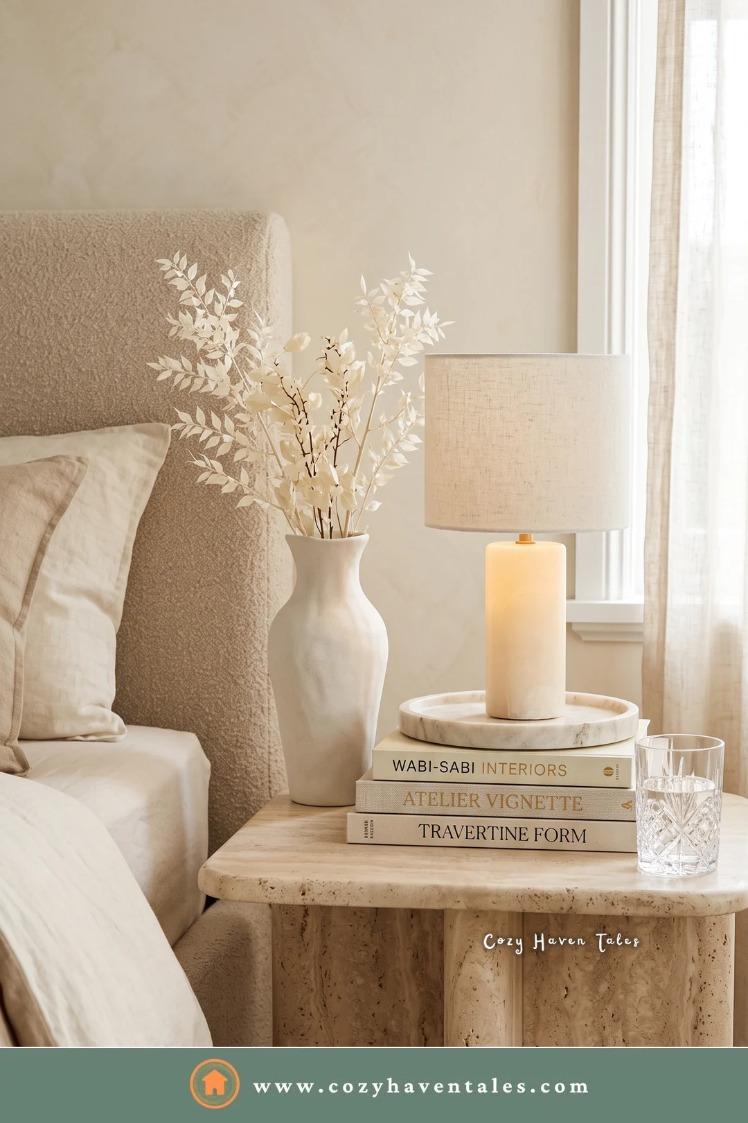Travertine block bedside nightstand on a thick stone base with a candle lamp and stacked books