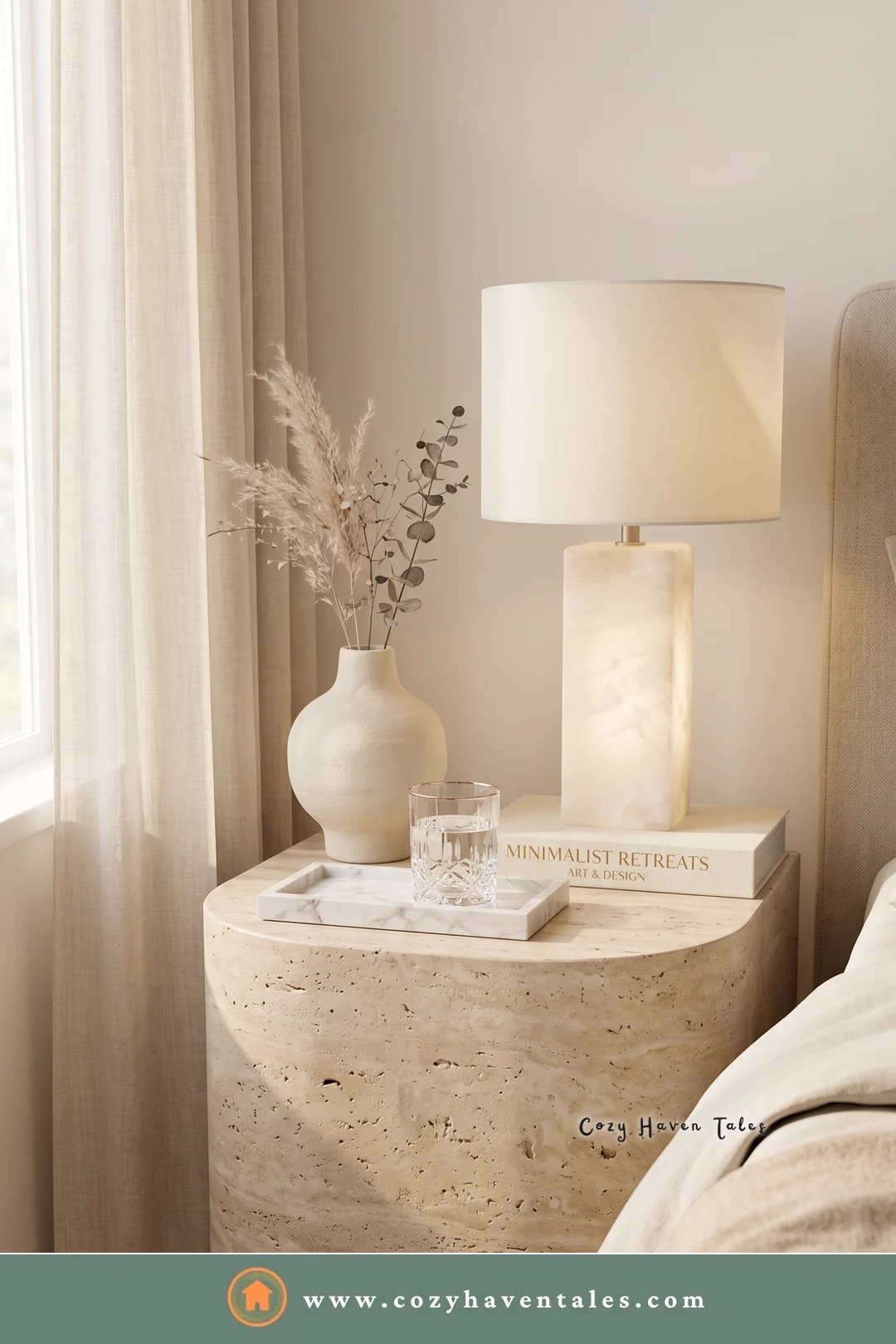 Travertine drum bedside table with a marble lamp, books, dried grasses, and a glass of water