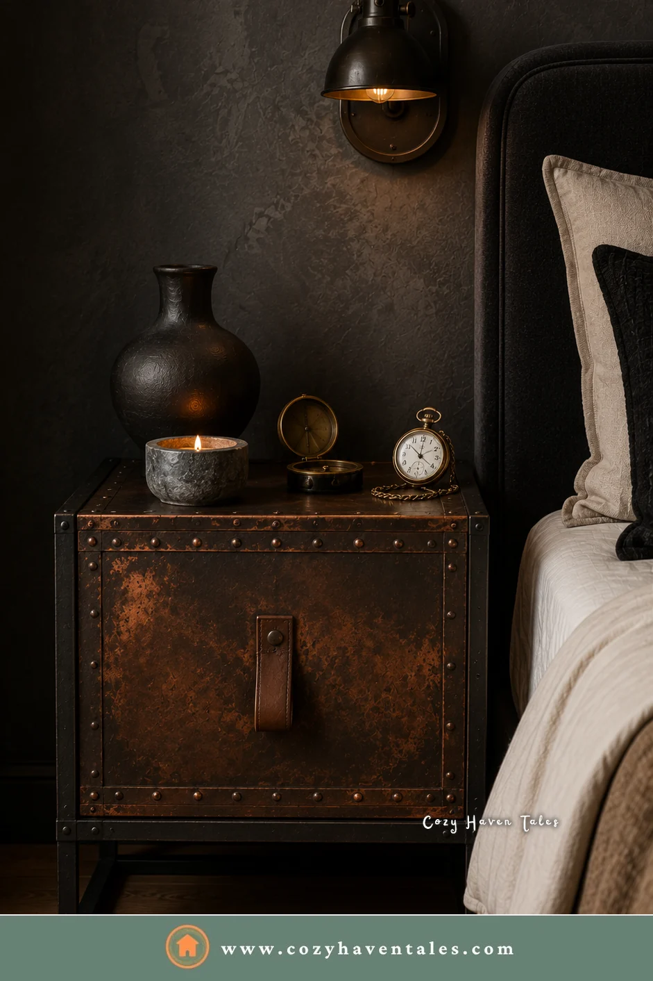 Vintage metal trunk used as a bedside nightstand with a leather handle, a pocket watch, and a candle
