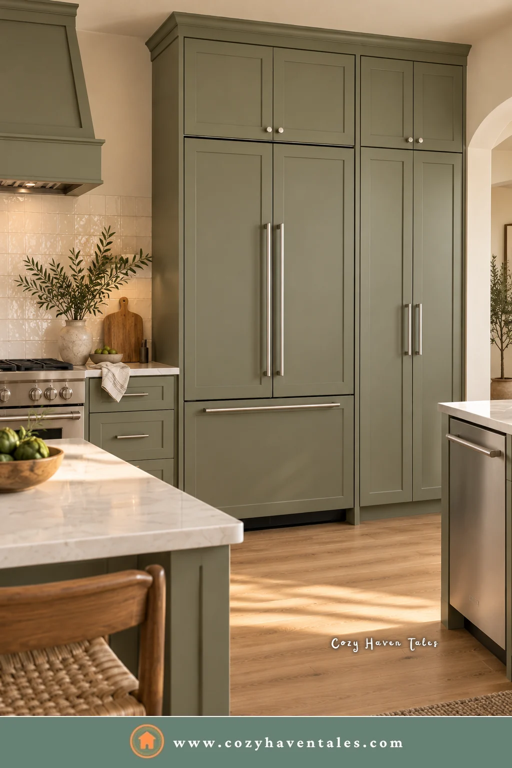Panel-ready refrigerator hidden behind sage green cabinet panels, one answer if stainless steel appliances are going out of style for you