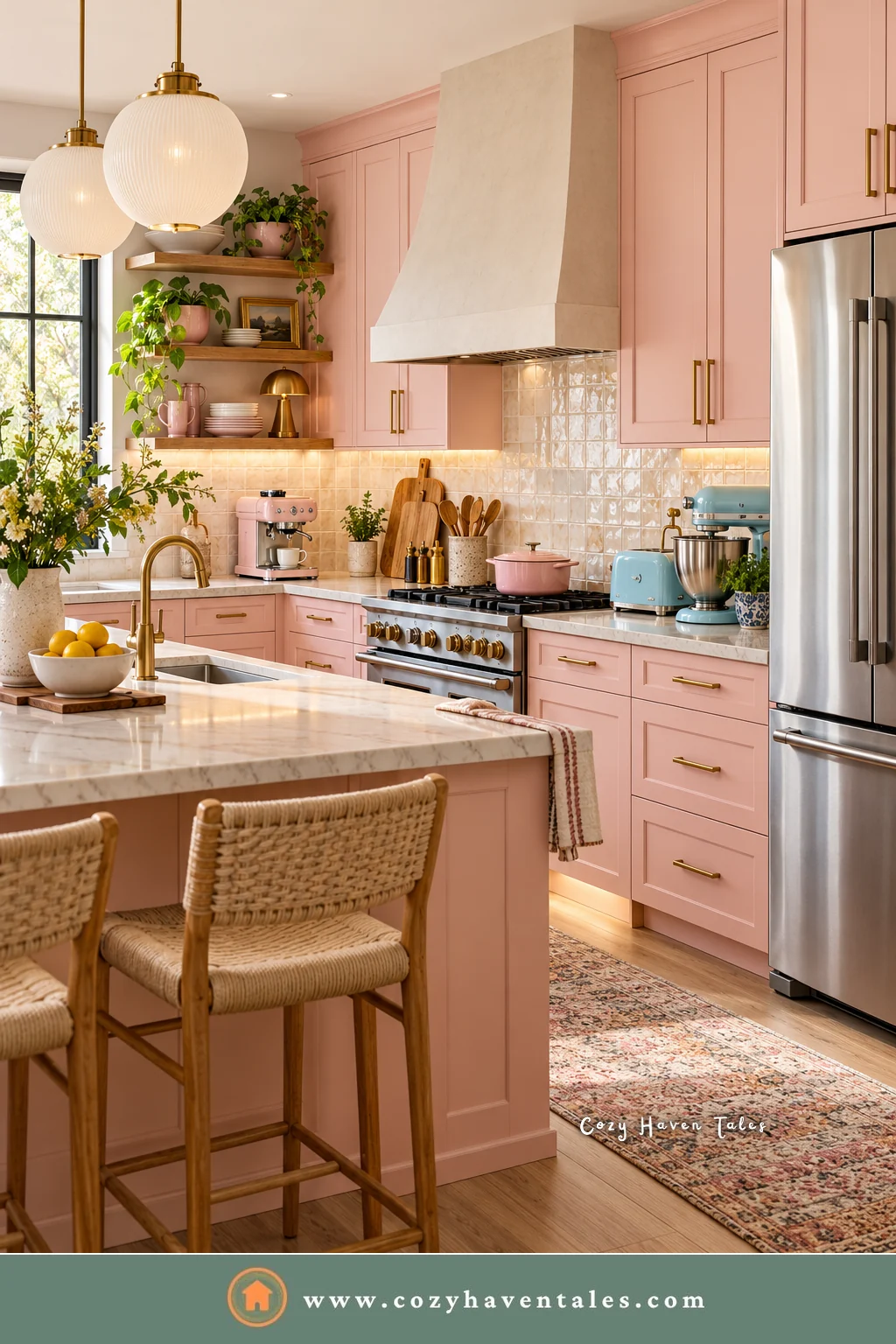 Pink kitchen with a pastel blue mixer and retro small appliances, a softer choice if stainless steel appliances are going out of style for you