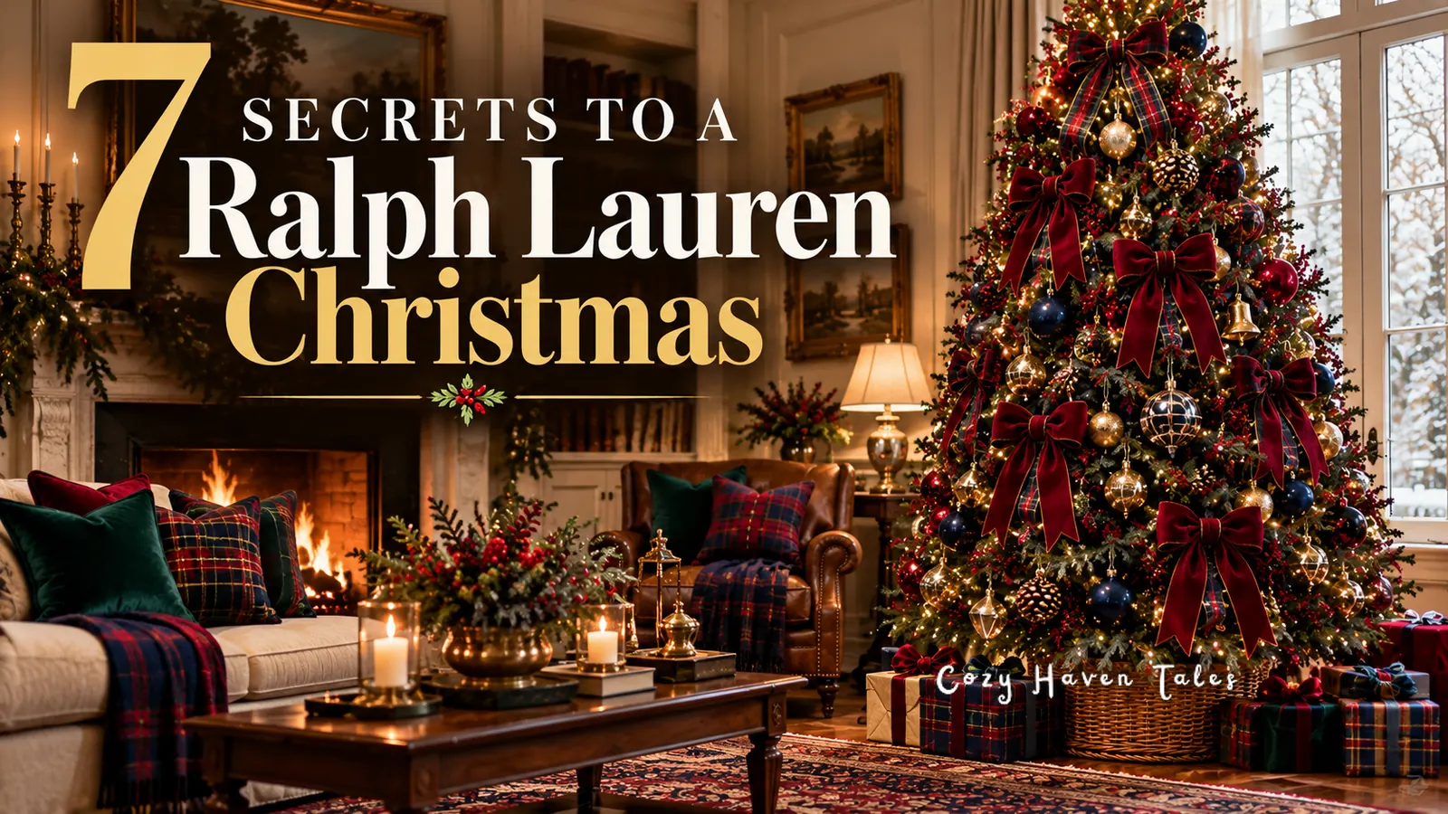 7 Secrets to a Ralph Lauren Christmas: Ralph Lauren Christmas decor in a living room with a tartan-bowed tree, fireplace, and plaid pillows
