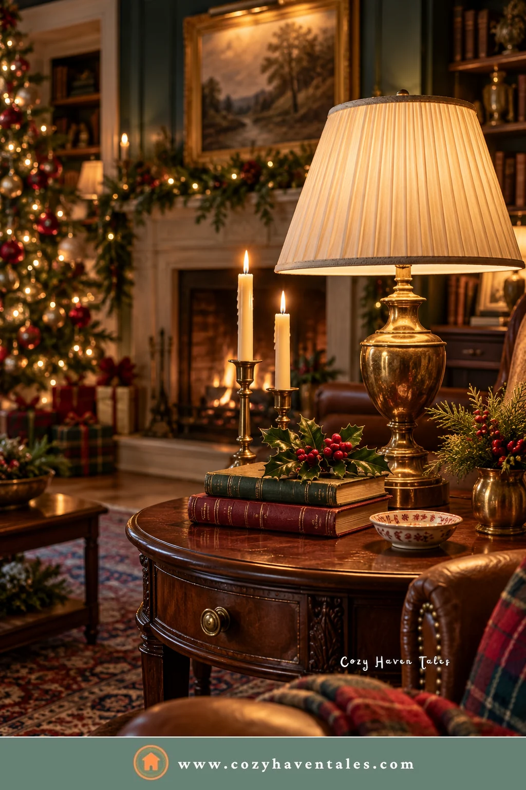 Brass table lamp with a pleated shade, cream candles, stacked books, and holly on a round wooden side table