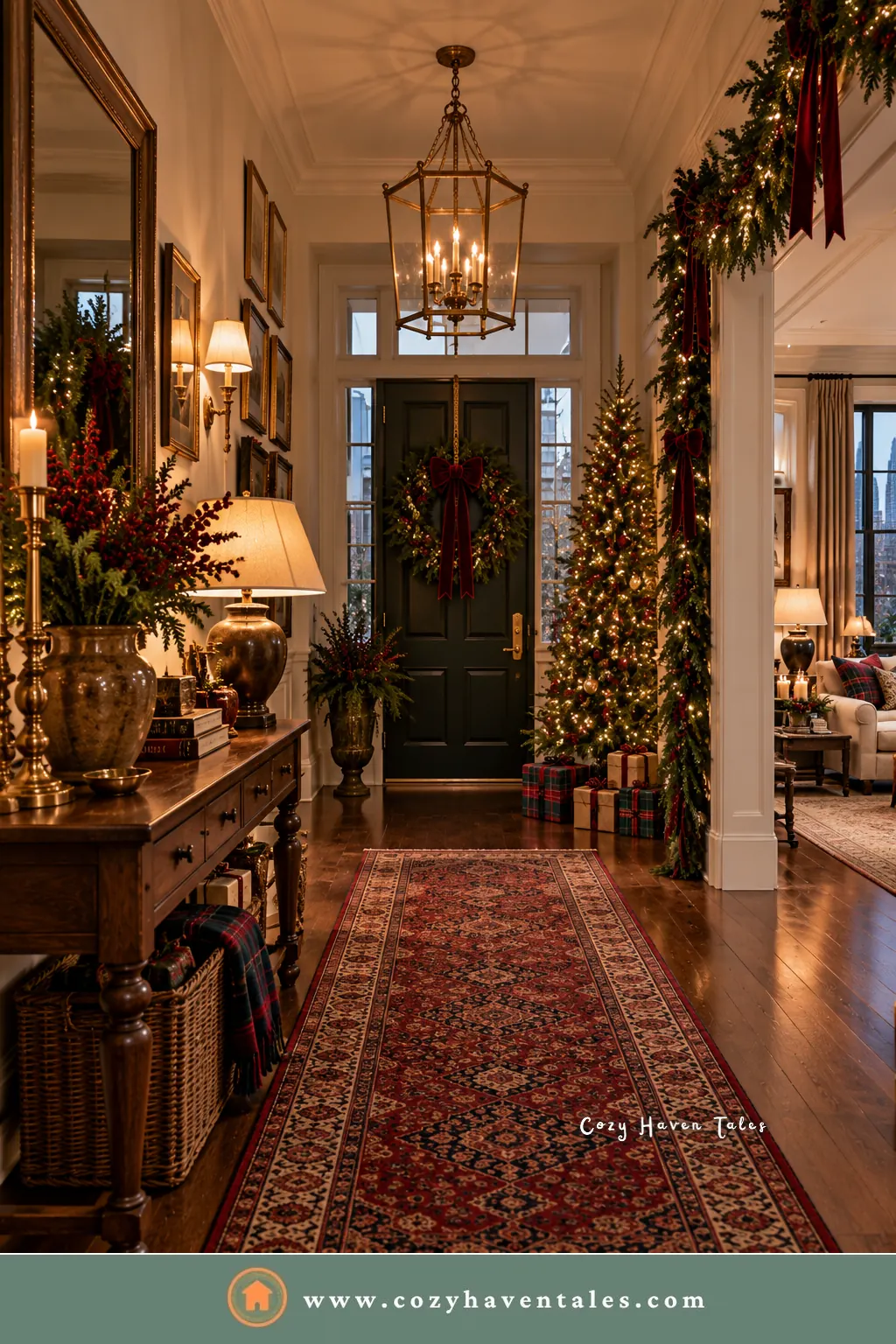 Restrained holiday foyer with a brass lamp, fresh greenery, a Persian runner, and a wreath on the front door