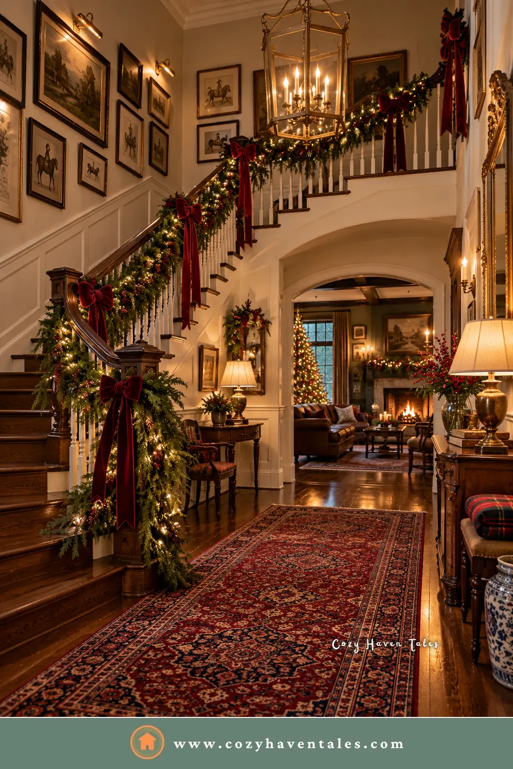 Grand foyer staircase wrapped in fir garland with burgundy velvet ribbon above a red Persian runner